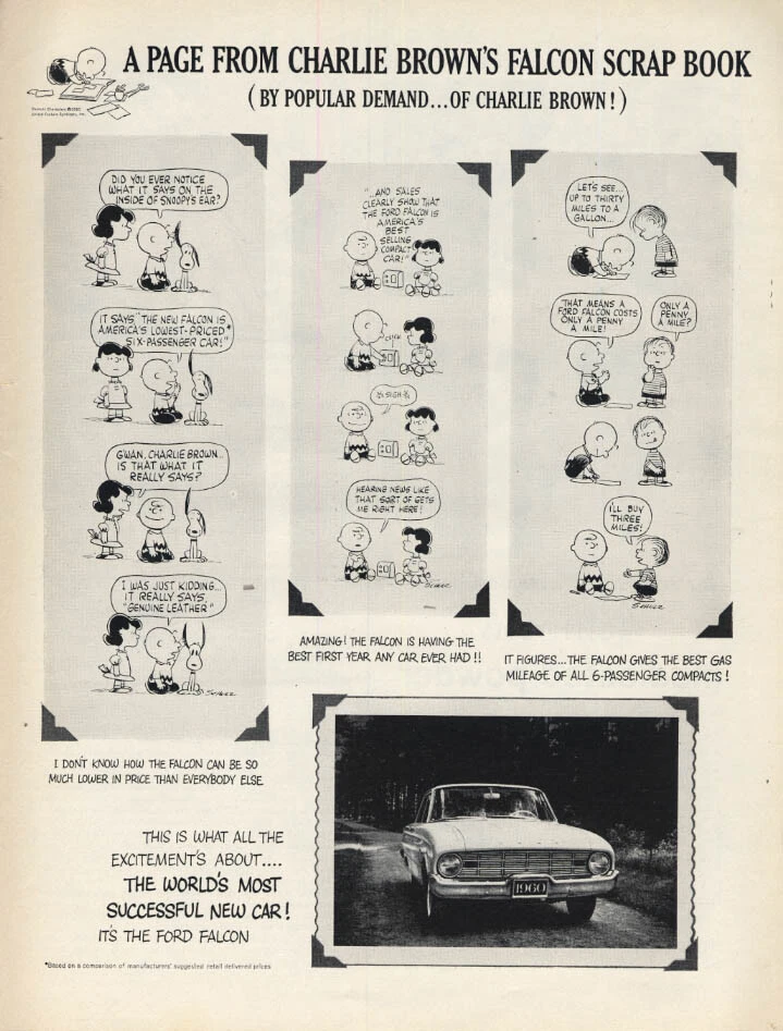 A Page from Charles Schulz Charlie Brown Ford Falcon Scrap Book ad 1960 L - Изображение 1 из 1