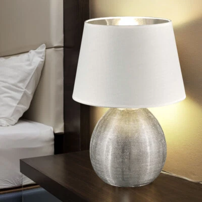 Design Tavolo Lampada Tessuto Ceramica Soggiorno di Lettura Luce Bianco Argento - Immagine 1 di 4