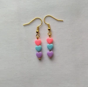 Pink Green Yellow Heart Bead Stick Earrings Gold Tone Hook Handmade Boho Chic - Picture 1 of 4