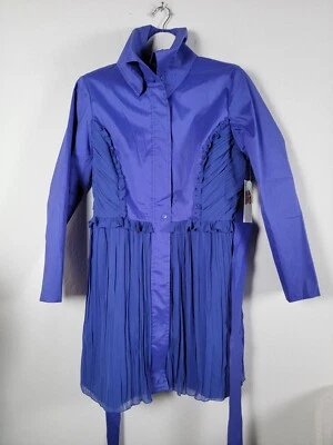 Samuel Dong Womens Ruffle Trim Pleated Trench Coat Cobalt Large Lightweight New - Image 1 of 4