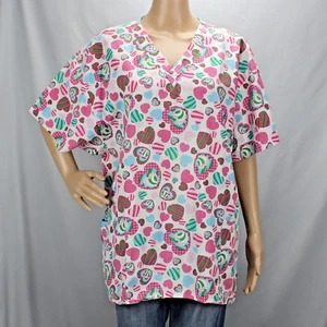 Dickies 2XL Colored Hearts Scrub Top V Neck Two Pockets Side Slits Short Sleeve - Picture 1 of 9