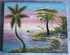 Cuadro vintage firmado al óleo sobre lienzo playa pesca palmeras J Makali - Imagen 1 de 5