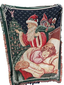 Vintage Fringe Christmas Throw Blanket Santa Delivering to Sleeping Child ~47x70 - Picture 1 of 5