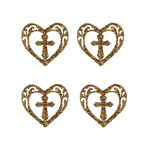 Gold Glitter Cross in Heart (4-Pack) Iron On Patch - Picture 1 of 3