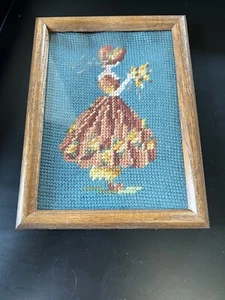 Vintage Finished Needlework Lady with Flower and Bonnet - Framed - Picture 1 of 3
