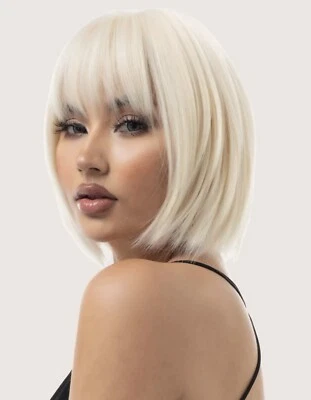 Perruque Synthétique Blond Platine Coupe Courte Carré Wig Frange Femme +4 Bonnet - Photo 1/4