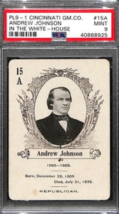 Tarjetas de presidente de la Casa Blanca PL9-1 Cincinnati GM, #15A Andrew Johnson, PSA 9 como nuevas - Imagen 1 de 2