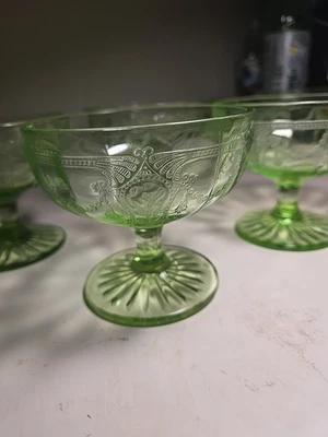  Uranìum Depression Green Glass Sherbet 3 1/8” H Set Of 5 -1 With Chipped Rim - Image 1 of 4