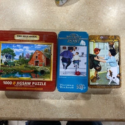 3 rompecabezas en latas de coleccionista-THE RED BARN 1000-2 Rockwell 500 piezas Foto 1 de 4