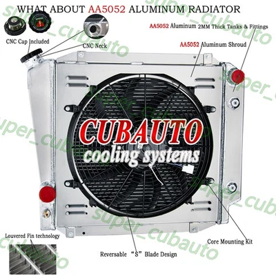 For 1966-77 Ford Bronco Early 5.0 V8 3 Rows Aluminum Radiator+Shroud Fan+Relay Foto 1 de 4