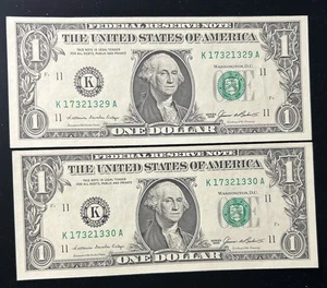 (2) (UNC) 1985 $1 Consecutive # Dallas Federal Reserve Notes-A104 - Picture 1 of 2