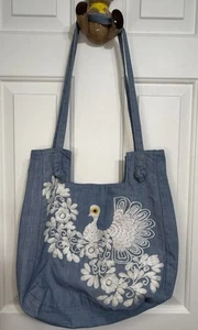 Vintage 70er Boho bestickt Denim Beuteltasche Tasche Handtasche mit Blumen Pfau Design - Bild 1 von 4
