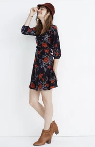 Madewell Dress Silk Size 0 Ruffle Waist Multi Floral Poppies Back Zip 3/4 sleeve - Picture 1 of 11