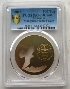 Mongolia 2015 Saker Falcon 500 Tugrik PCGS MS68 Gold Plated Silver Coin,BU - Picture 1 of 4