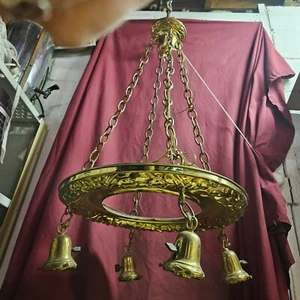 Antique Ornate Brass Chain Chandelier Pan 4 Light Fixture wreath Victorian - Picture 1 of 10