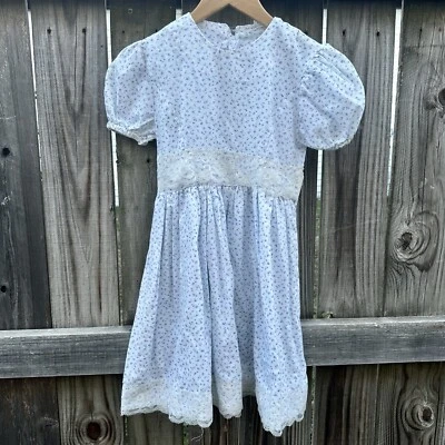 VTG Handmade Dainty Blue & Lavender Floral Dress With Puff Sleeves Sz 8 - Image 1 of 4