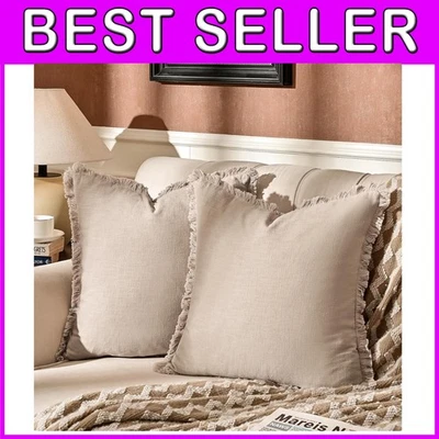 Stylish 20x20 Striped Linen Pillow Covers with Fringed Tassels - Pack of 2 - Image 1 of 4