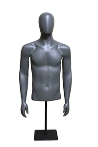 New! 46 in H Dark Grey Male Head Arms Torso Mannequin Black Metal Base BodyForm - Picture 1 of 6