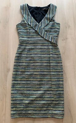 NWOT Badgley Mischka Green Blue Stretch Tweed Metallic Faux Wrap MIDI Dress Sz 8 - Image 1 of 4