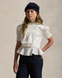 Ralph Lauren Embroidered Voile Top Girls' 10 White Collared Ruffled Button Back - Picture 1 of 19