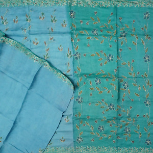 Bleu Vintage Saris 100% Pure Soie Main Brodé Sari 4.6m Décor Craft