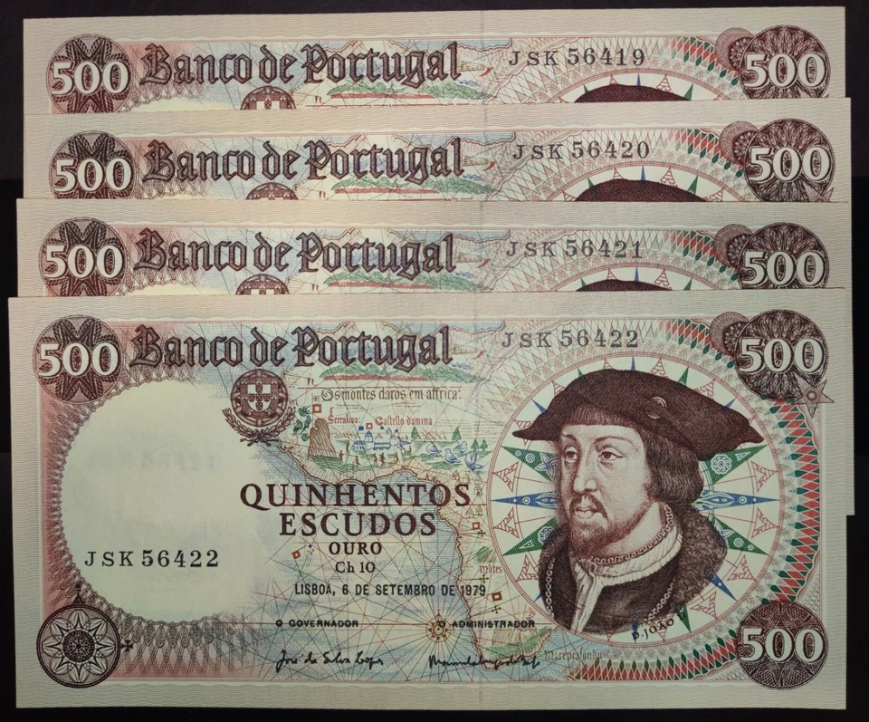 Portugal 4 X 500 escudos 1979 consecutive numbers AUNC - Image 1 of 2