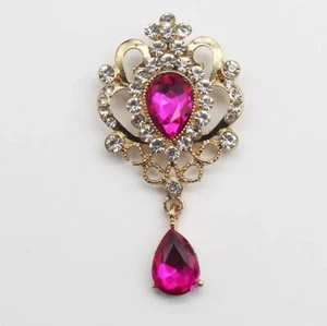 Brooch Bright Pink & Clear Crystal Rhinestones Gold Tone Teardrop Fancy - Picture 1 of 1