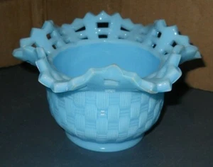 CESTA DE VIDRIO DE LECHE AZUL FENTON VINTAGE TEJIDO ROSETÓN CON VOLANTES TAPA DE CELOSÍA - Imagen 1 de 5