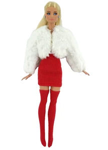 Fashion Doll Clothes For Barbie 11.5" 1/6 RED RIB DRESS~FUR JACKET~LEGGINGS - Picture 1 of 4