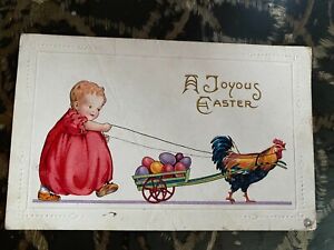 Vintage-Stecher-Lith-Co-Series-76-C-Child with rooster pulling egg cart