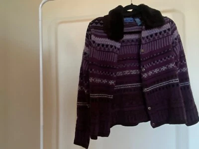 90s / Fur Coat / Grunge Sweater / Y2K / Striped Sweater/ Purple / Fur Collar - Image 1 of 3