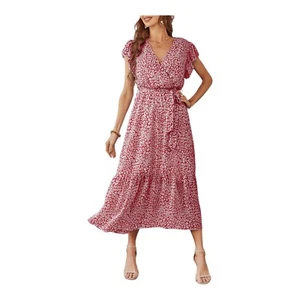 Pretty Garden Floral Boho V Neck Short Sleeve Ruffle Hem Wine Red XXL * No Belt* - Picture 1 of 4