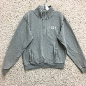 PINK Victorias Secret Sweatshirt Medium Adult Gray Mock Neck 1/4 Zip Womens M - Picture 1 of 13