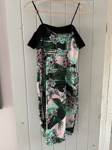 Black Pink Green And White Tropical Floral Design Fitted Dress River Island Uk12 - Picture 1 of 13