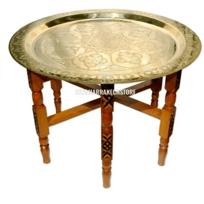 Moroccan Traditional Tray Top Round Carved Wood***NEW*** - Image 1 of 4