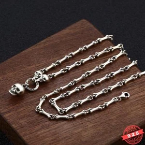 3MM Real 925 Sterling Silver Punk Retro Skull Bone Link Chain Necklace Men Women - Picture 1 of 9