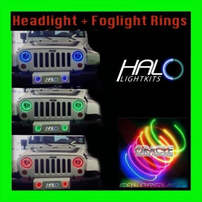 2007-2014 Oracle Jeep Wrangler Colorshift LED Scheinwerfer + Nebel Halo Komplett - Bild 1 von 4