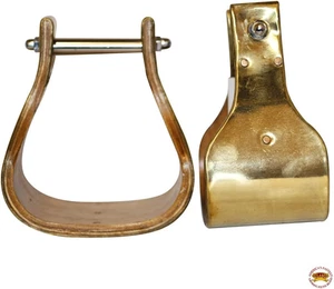 Western Brass Bounded Wooden Stirrup Pair with 5.5 Inches Height - Picture 1 of 4