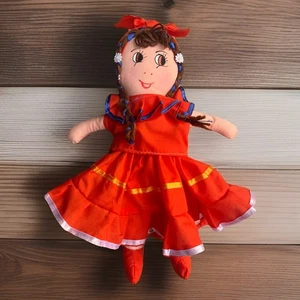 Vintage handgefertigte Stoffpuppe Südamerika rotes Kertuch rotes Kleid 14 Zoll Volkskunst - Bild 1 von 4