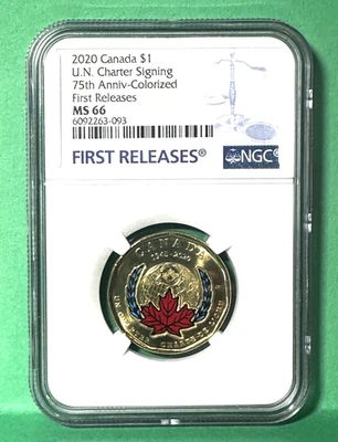 2020 Canada $1 U.N Charter signing 75th anniv-colorized first releases MS66 - Image 1 of 2