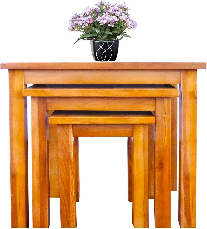 Nest of 3 Rustic Oak Wood Side End Tables Coffee Lamp Set Rectangular Easy Assem - Image 1 of 4