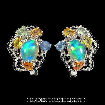 Orecchini in argento sterling 925 opale di fuoco ovale 8x6 mm zaffiro... - Immagine 1 di 4
