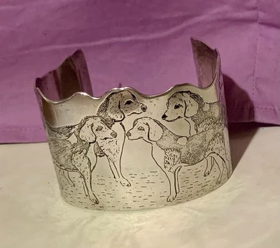 Vintage Solid  Sterling Silver Cuff Bracelet etched dog motif signed D Crossman - Image 1 of 4