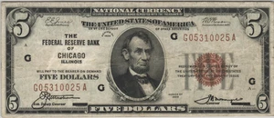 Fr.1850-G 1929 Chicago $5 Federal Reserve Bank Note Very Fine - Picture 1 of 2
