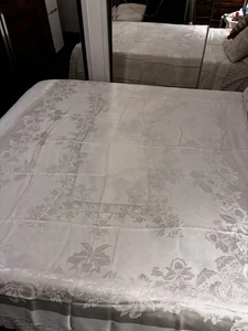 Silky Soft Vintage Jacquard White Tablecloth 5ft X6.7 Ft Holiday Floral  - Picture 1 of 7