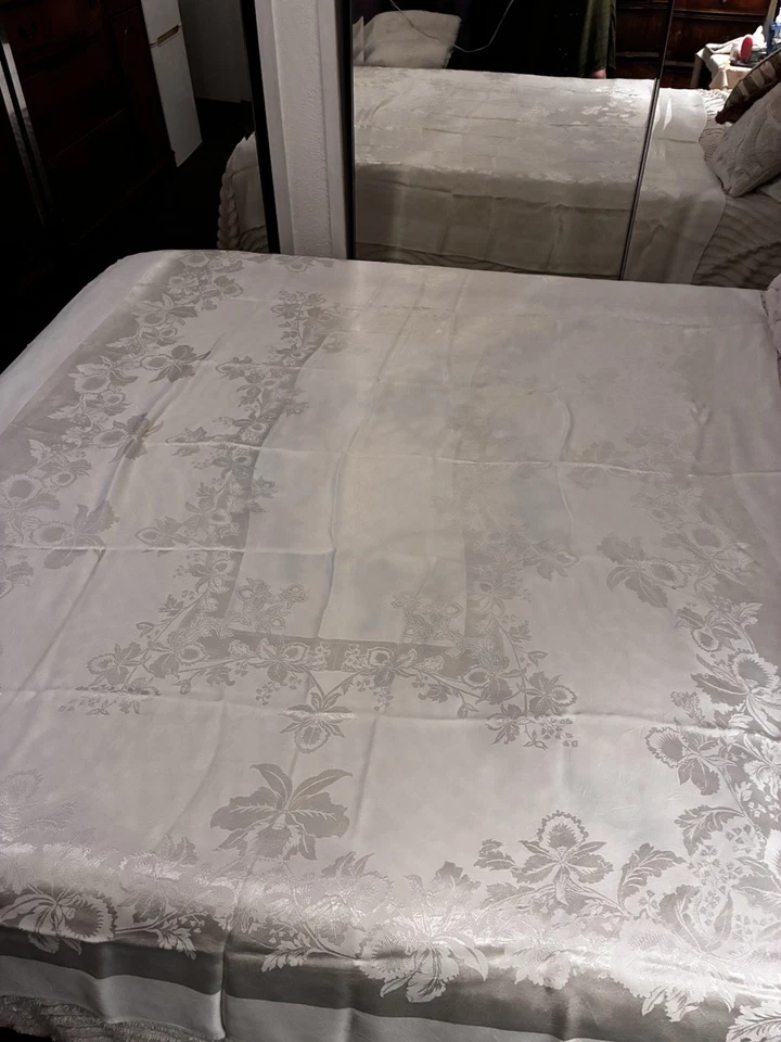 Silky Soft Vintage Jacquard White Tablecloth 5ft X6.7 Ft Holiday Floral  - Image 1 of 4