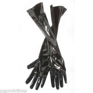 GUANTES LARGOS DE POLIPIEL NEGRA Disfraz de Vinilo Cuero Falso S&M Ópera Halloween Gato - Imagen 1 de 1