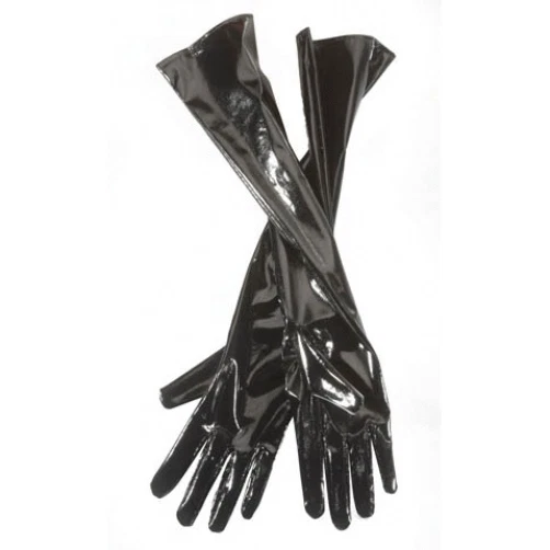 BLACK LEATHERETTE LONG GLOVES Vinyl Costume Fake Leather S&M Opera Halloween Cat - Image 1 of 1