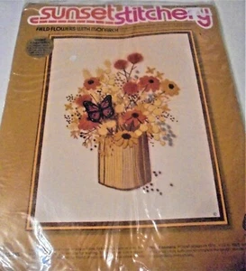 "FIELD FLOWERS w/ MONARCH" Picture Crewel Kit,14" x 18", Wool Yarns,NEW - Picture 1 of 3