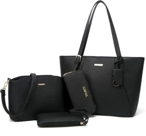 4-Piece Black Tote Bag Purse Set With Wallet Clutch Dome Purse Black - Picture 1 of 5